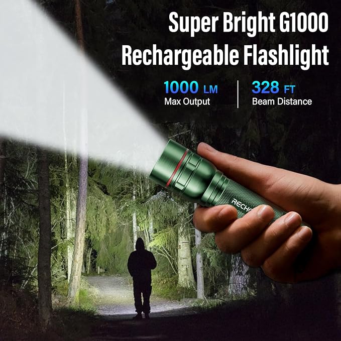 Rechargeable Flashlights High Lumens, G1000 Super Bright Flash Light, Small Zoomable LED Flashlight with 3 Lighting Modes, Portable Tactical Flashlight for Camping Essentials (Battery Included)-Green