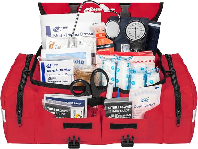 MFASCO First Aid Kit - Fully Stocked Portable Reflective Bag -First Responder Emergency Response Kit -for Natural Disaster Preparedness - Customizable Storage -Includes 415 Pcs First Aid Supplies- Red