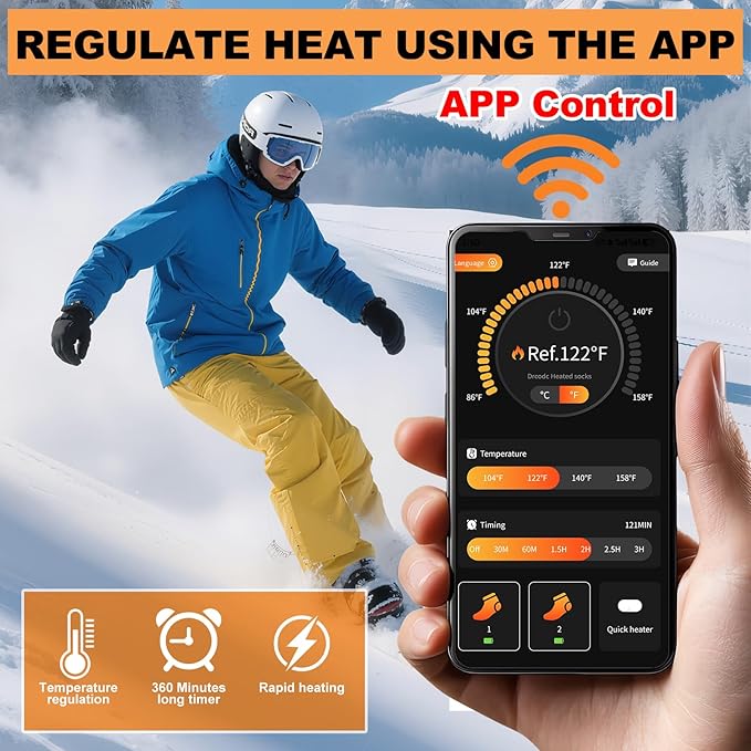 Heated Socks with App Control for Men Women, 5V 8500mAh Battery Rechargeable, Electric Heating Warm Socks Work Up to 10 Hours for Hunting, Camping, Hiking, Walking, Fishing, Cycling, Outdoor Work