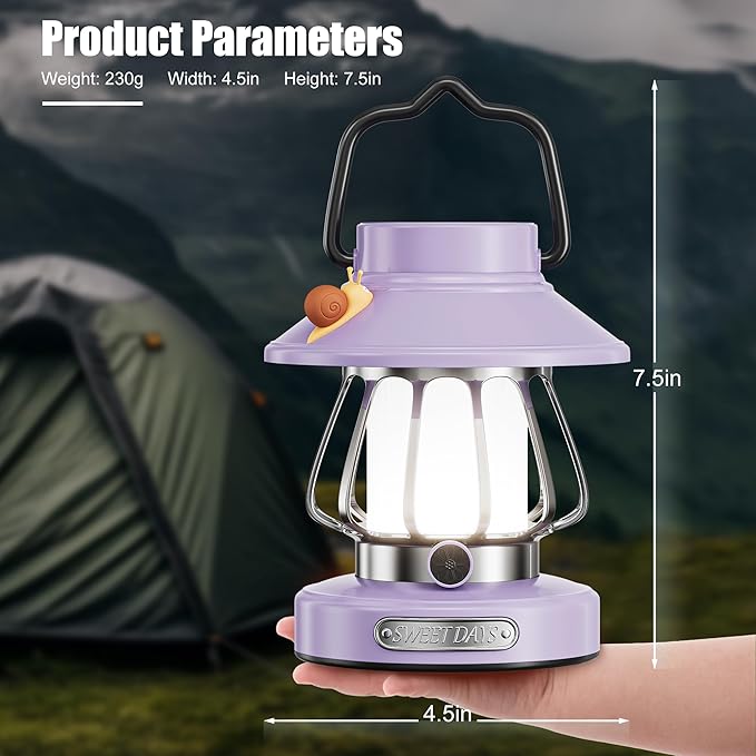 V.C Formark Kids Camping Lantern Emergency Light for Kids, Toddler Night Light with Snail Design - USB C Rechargeable, 3 Color Dimmable LED for Bedroom, Tent, Power Outages & Adventures (Violet)
