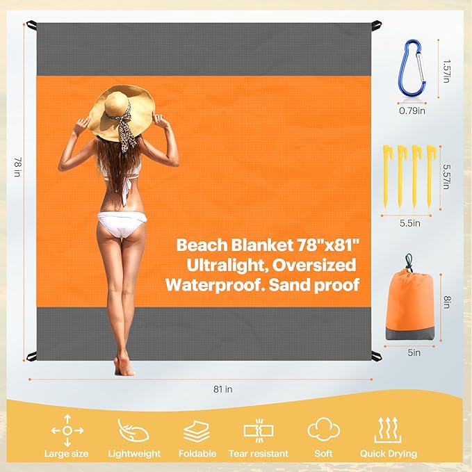 EASYFUN Beach Blanket Sandproof Oversized, 79''×83'' Extra Large Beach Mat, Portable Picnic Mat for Travel Camping Hiking, Lightweight Beach Essentials Family Water Resistant Mat Nylon 210T