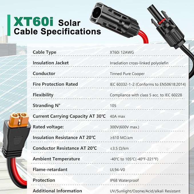 Oududianzi 12AWG XT60i Solar Cable 30FT, Solar to XT60i Cable 3 10 15 20 25 40 50FT, Solar Panel Connector to XT60i Adapter Cable, XT60i Solar Charging Cable for Portable Power Station - 30Ft