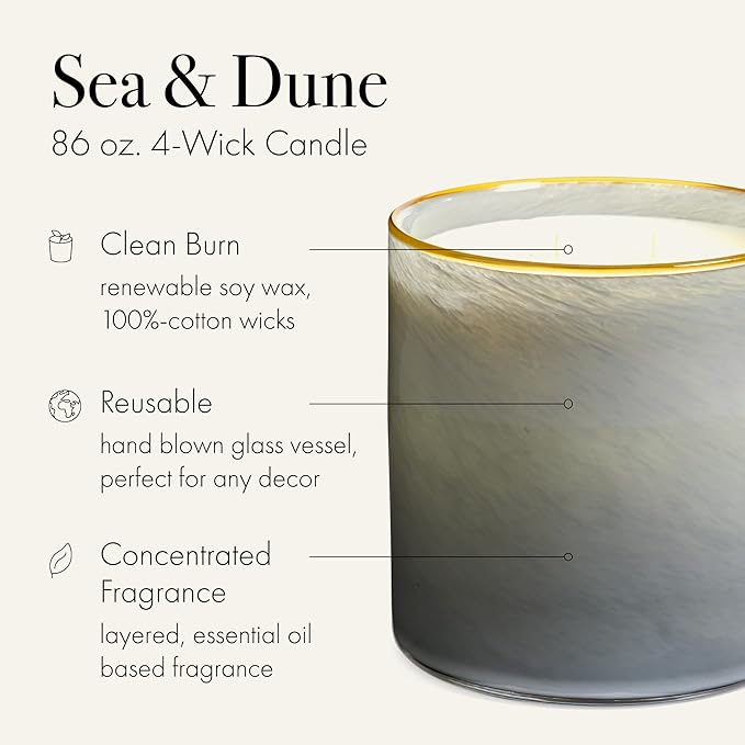 LAFCO New York Luxe 4-Wick Candle, Sea & Dune - 86 oz - 200-Hour Burn Time - Reusable, Hand Blown Glass Vessel - Made in The USA