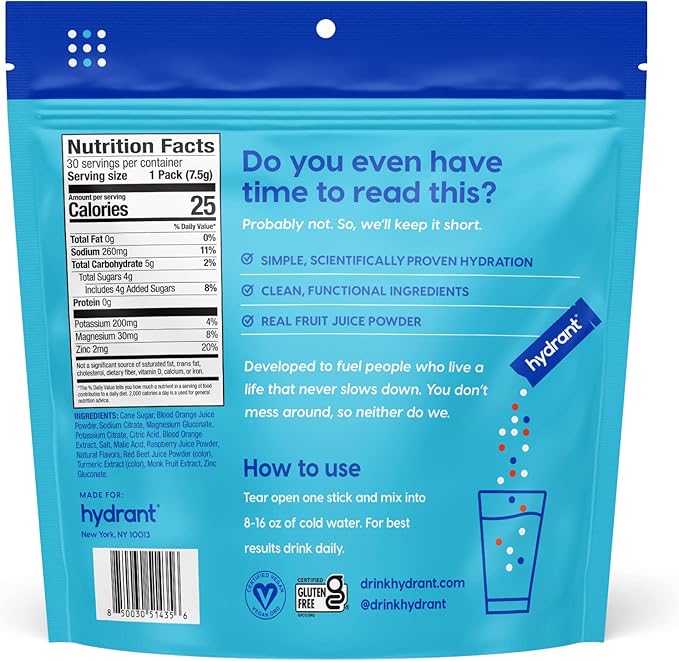 HYDRANT - Hydrate Electrolyte Powder, Fruit Punch Flavor, 30 Rapid Hydration Individual Stick Packs - Low Sugar Drink Mix for Daily Use, Travel & Workouts