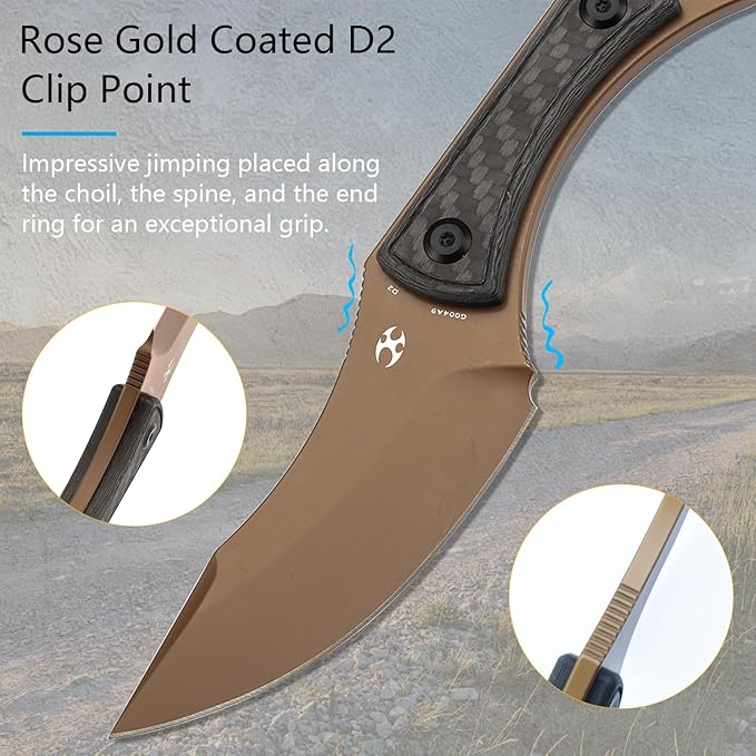 KANSEPT Niko Fixed Blade Knife, 3.54'' Rose Gold Coated D2 Sharp Blade with Twill Carbon Fiber Handle, Adjustable Kydex Sheath for Edc Hunting Survival Camping G004A9