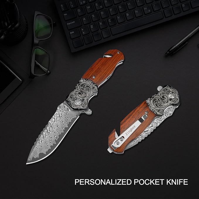 Pocket Knife with Glass Breaker, EDC Damascus Folding Knife with Seatbelt Cutter, 3.35" VG10 Damascus Steel Blade Multitool Pocket Knives with Wood Handle