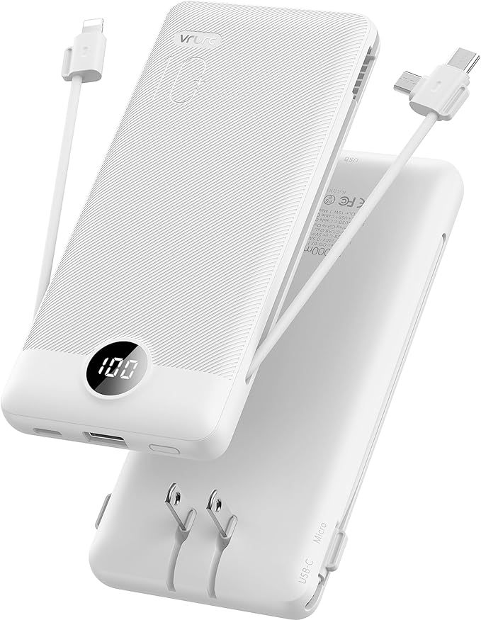 VRURC Portable Charger,Power Bank Built-in Cables and AC Wall Plug, USB C Portable Bank 10000mAh, Travel Essentials Phone Charger Compact External Battery Pack for Smart Phones, Tablets etc-White