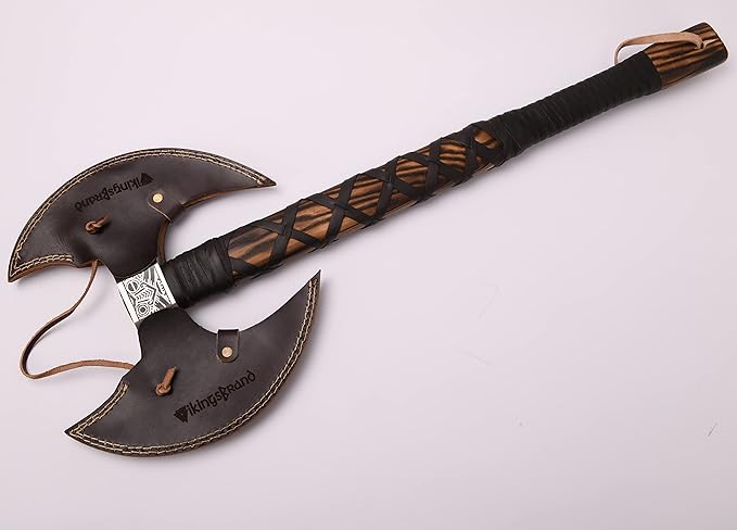 VikingsBrand Handmade Viking Axe Real, Battle Axe, Norse Axe Head Made of 1095 Carbon Steel, Viking Bearded Camping Axe (Odin's Double Head)