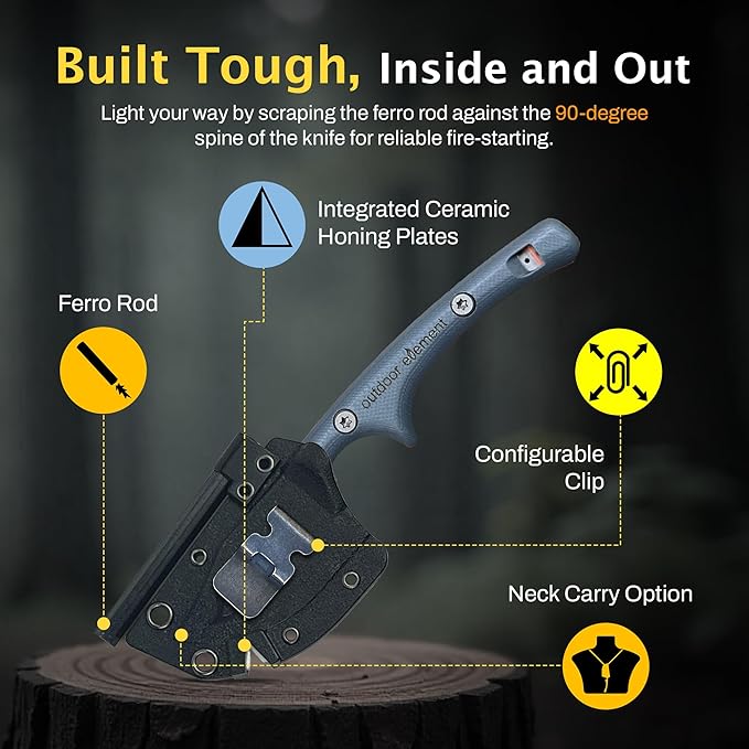 Contour Feather Survival and Culinary Knives ??VG10 Steel Fixed Blade with Fire Starter, Hex Driver, Knife Sharpener, Sheath & Built in Whistle - Built For Camping & Outdoor Adventure