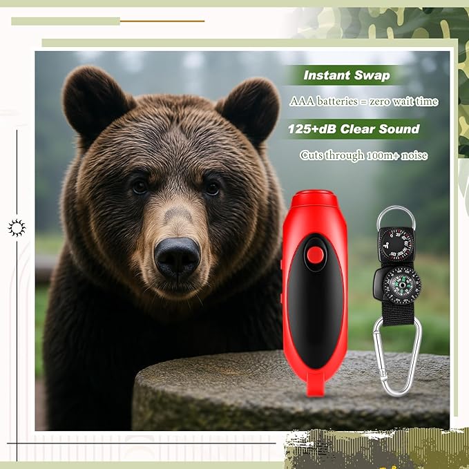 1 Set 125db Electronic Bear Horn with Compass & Thermometer for Hiking Loud Air Horn to Scare Bears Self Defense for Hiking Outdoor Emergency Camping Protection (4.72×1.5 Inch, Red)