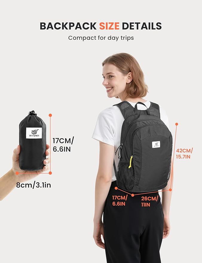 SKYSPER 16L Hiking Backpack Lightweight Small for Women Men, Foldable Packable Daypack - Travel Camping Backpack, Outdoor Hiking Bag (Black)