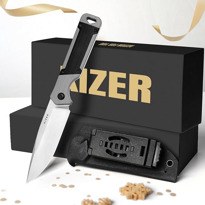 Kizer Militaw Fixed Blade Knife with Sheath, D2 Steel Blade, G10 Handle, EDC for Men & Women, Outdoor, Hunting, Hiking, Survival, 1067M1