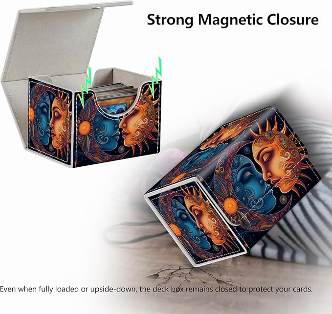 Strong Magnet MTG Card Box Playing Card Box Magic Deck Box TCG Up to 200 Cards Creative Pattern Trading Card Storage Box for Collectible Card Games, Sun Moon Stars Tarot Cards