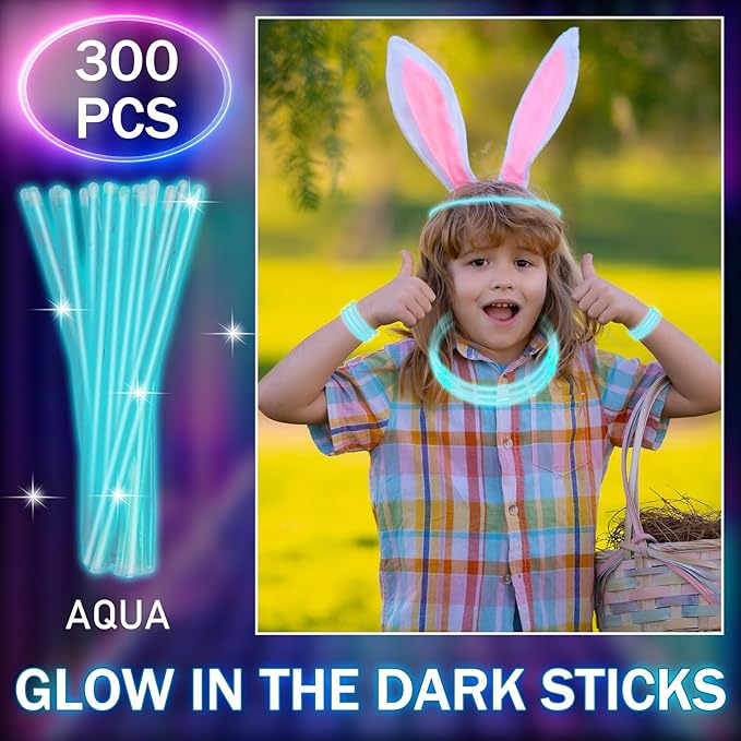 Hanaive 300 Pcs Glow Sticks Bulk 8 Inch Glow in The Dark Party Favors Neon Bracelets and Necklaces Light up Sticks with Connectors for Holiday Birthday Party Supplies(Aqua)