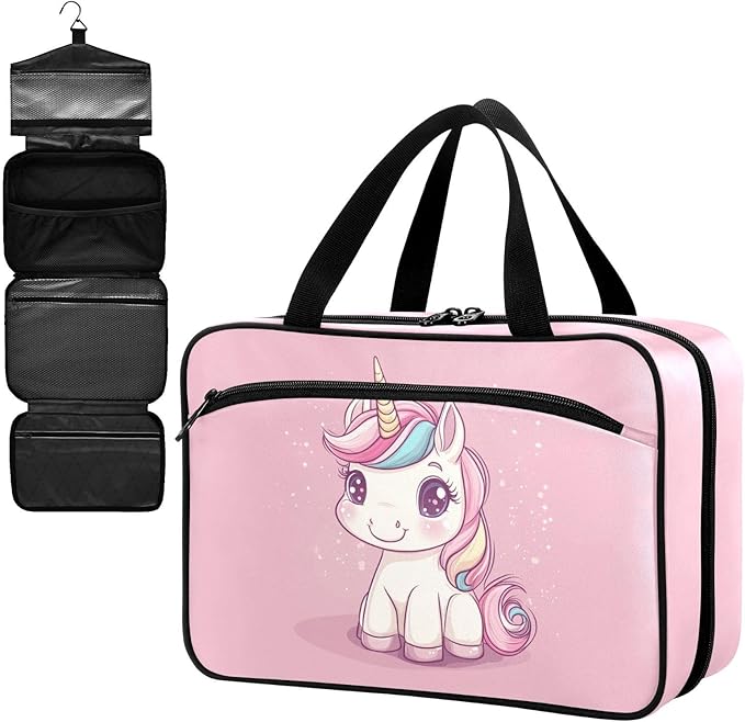 Fustylead Cute Cartoon Pink Unicorn Large Medicine Bag Travel Pill Bottle Organizer with Zipper, Empty First Aid Bag for Camping Hiking Outdoors