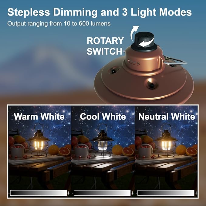 LED Camping Lantern Rechargeable Dimmable, Portable Vintage Outdoor Lantern 2700-6500K Waterproof, Hanging Retro Lamp Indoor Outdoor for Garden, Hiking, Emergency, Copper