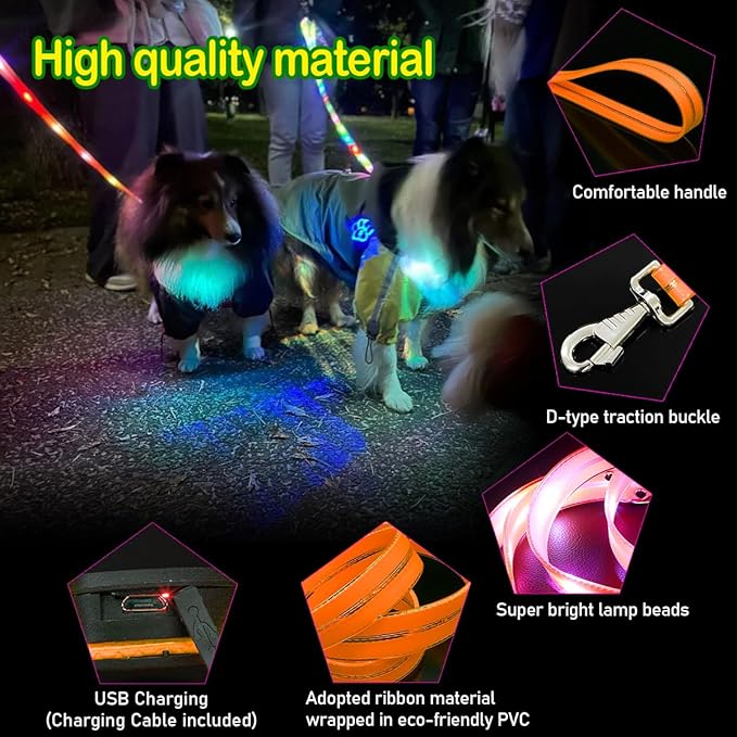 LED Waterproof Pet Dog Leash USB Rechargeable Fashionable Color Glow in The Dark Night Walk Safety Dog Leash for Medium to Large Dogs