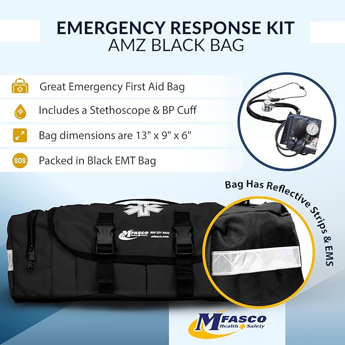 MFASCO First Aid Kit - Fully Stocked Portable Reflective Bag -First Responder Emergency Response Kit-for Natural Disaster Preparedness-Customizable Storage-Includes 415 Pcs First Aid Supplies-Black