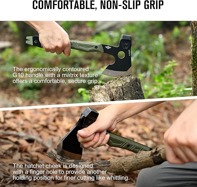 OKNIFE Otacle A1 Survival Hatchet & Camping Axe, 4 in 1 Full Tang Tactical Axe, G10 Non-Slip Grip Tomahawk with Durable Kydex Sheath (OD Green)