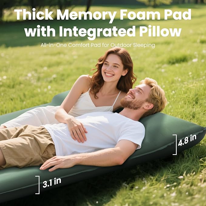 Double Camping Sleeping Pad with Electric Pump, 3.15" Thick 2 Person Self Inflating Memory Foam Mattress Pad with Pillow, Portable Sleeping Mat for Travel, Car, Tent, Home - Green, Full Size