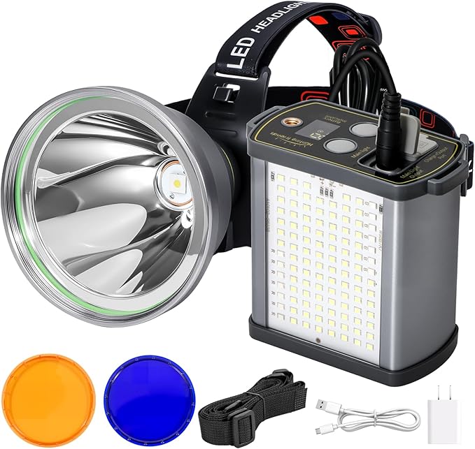 40W High Lumens LED Headlamp Rechargeable,20000mAh Ultra Bright Waterproof Headlight with Aluminum Alloy Housing and Side Light, Great for Camping, Hiking, Hunting, Fishing, Emergency Use