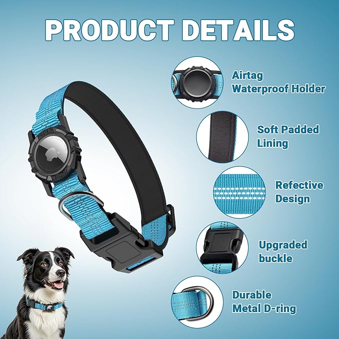 AirTag Dog Collar and Leash, IP68 Waterproof Integrated with Reflective, Ultra-Durable, Comfortable Padded, Heavy Duty Dog Collars for Small Medium Large Dogs, L (14.8"-20.3"), Blue