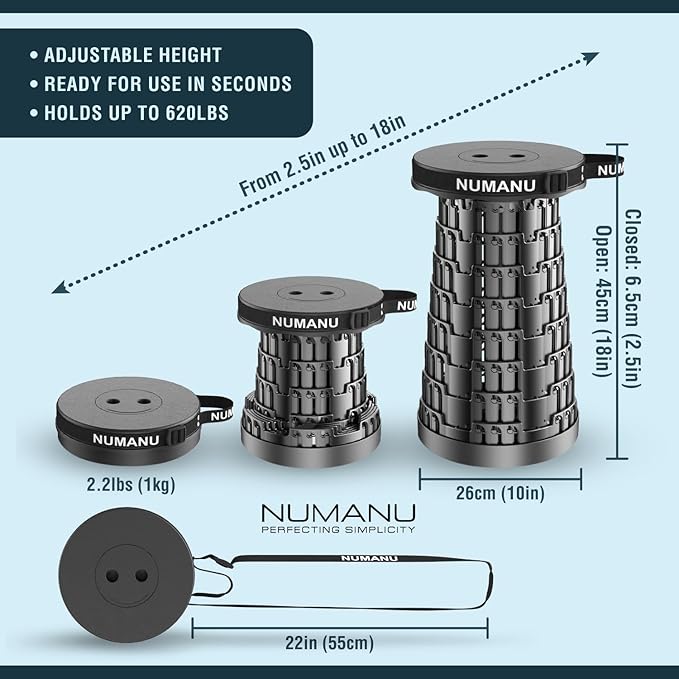 NUMANU 2025 Upgraded Collapsible Stool, Max 620lb, Height Adjustable Retractable Telescopic Seat, Portable Folding Stool, Travel Chair, Foldable Camping Seat or Footrest Gift for Outdoors, 2.5"-18" H