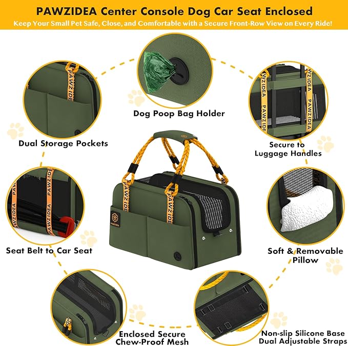 PAWZIDEA Center Console Dog Car Seat, Enclosed Secure Armrest Booster Seat for Small Dogs & Cats up 12lbs, Soft-Sided Travel Pet Carrier Safety Straps, Removable Pillow, Storage Pocket, Shoulder Strap