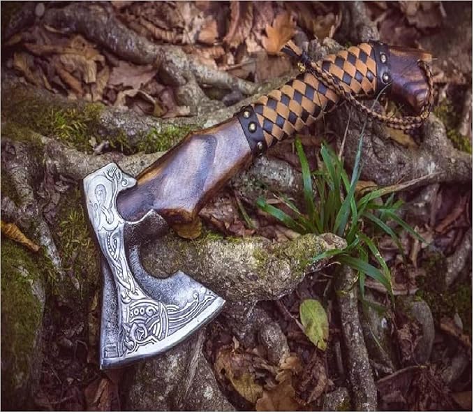 Forest Hunting | Custom Handmade Viking Medieval Axe,Real Battle ax,Camping Axes Tomahawk,Bearded War Hatchet,Valhalla Axe with Leather Sheath Wood Handle Gifts for Men self Defence (Leather Wrap)