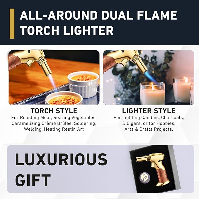 Dual Flame Butane Torch Gun – Refillable Handheld Mini Blow Torch for Cooking, Crème Brûlée, Welding, Soldering, Resin Art – Adjustable Flame & Ignition Lock–Limited Gold Brown by inZaynity