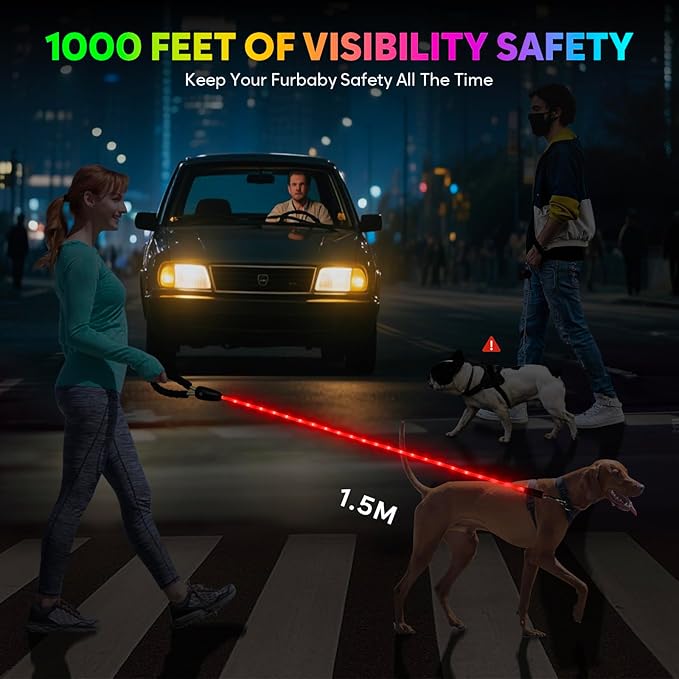 YFbrite Waterproof Light up Dog Leash with 15 Flashing Modes - Super Bright LED Dog Leash for Small Medium Large Dogs - Type-c Rechargeable Dogs Leashes Light (Multi-Color, 5FT (150cm))