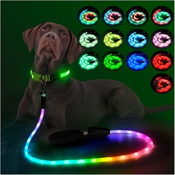 YFbrite Waterproof Light up Dog Leash with 15 Flashing Modes - Super Bright LED Dog Leash for Small Medium Large Dogs - Type-c Rechargeable Dogs Leashes Light (Multi-Color, 5FT (150cm))