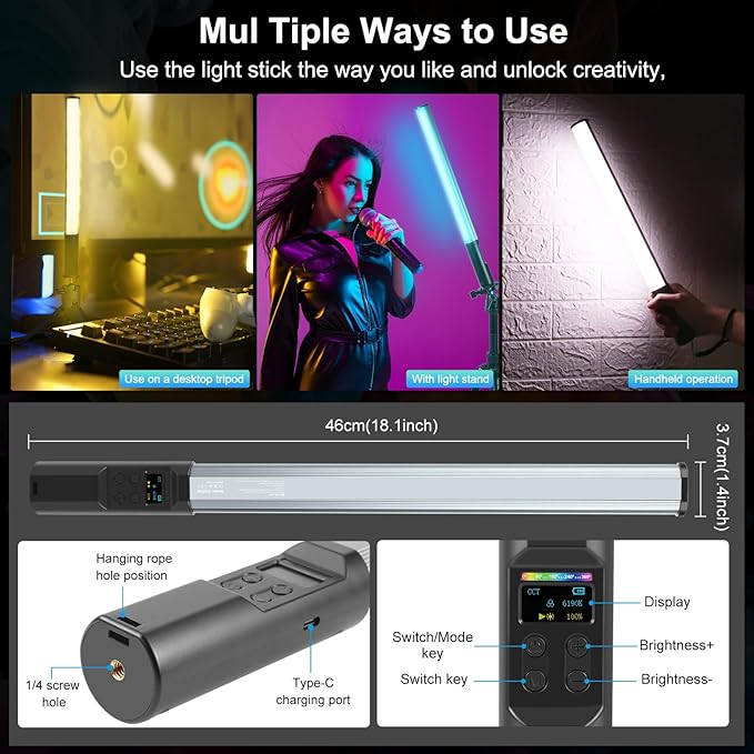 PULUZ 132 LEDs RGB Video Light, Handheld Stick Fill Light with Full Color, USB Rechargeable for YouTube TikTok, Portrait Photography, Party Background