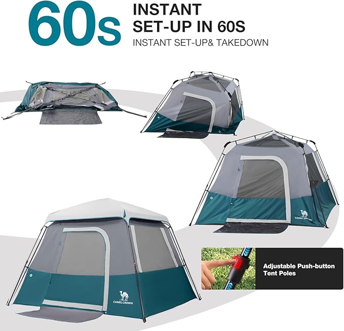 Camping Tents 4/6 Person Pop Up Instant Tent - Setup in 60s for Family Camping, Windproof Design, Family Cabin Tent with Rainfly & Backpack Carry Bag
