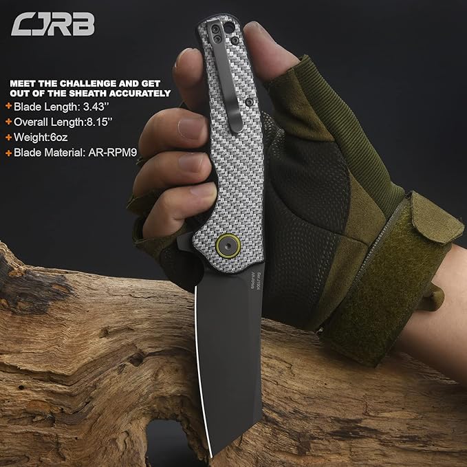 CJRB Crag Folding Pocket Knife, 3.43" AR-RPM9 Steel Blade Carbon Fiber Handle EDC Knife with Pocket Clip for Men Women Camping Survival Hiking, Grey (J1904)