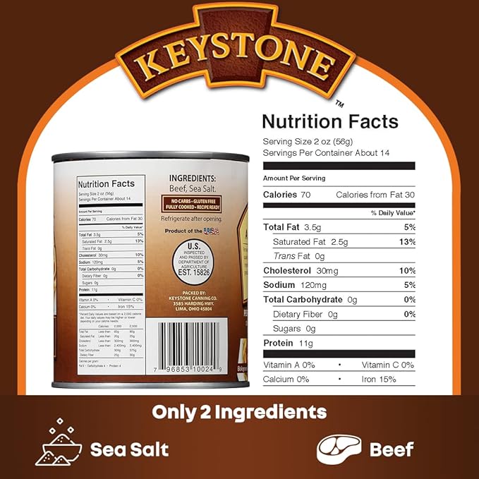 Keystone Meats All Natural Heat and Serve Ground Beef 28 oz – Fully Cooked Canned Meat – Ready to Eat – 5-Year Shelf Life – Pantry Staple for Everyday Meals, Emergency Survival Canned Food – Made in USA – Pack of 4