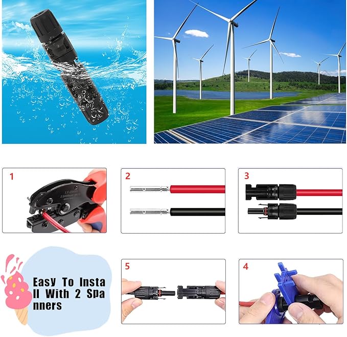 Solar Connectors Panels Kit, Solar Panel Cable Connectors Pins Connector Terminals Crimping Pliers Crimper Set (48PCS(24 Pairs) Solar Connectors)