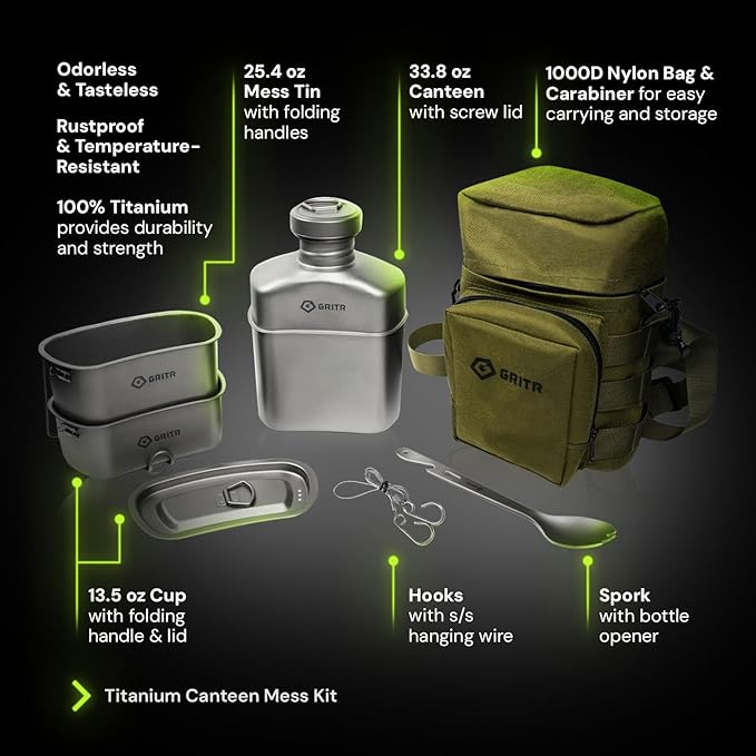 GRITR Titanium Canteen Mess Kit | Compact Portable Camping Open Fire Cookware Set for Backpacking, Hiking, Fishing | Ultralight Durable Outdoor Camp Cooking Utensils - Storage Bag Included
