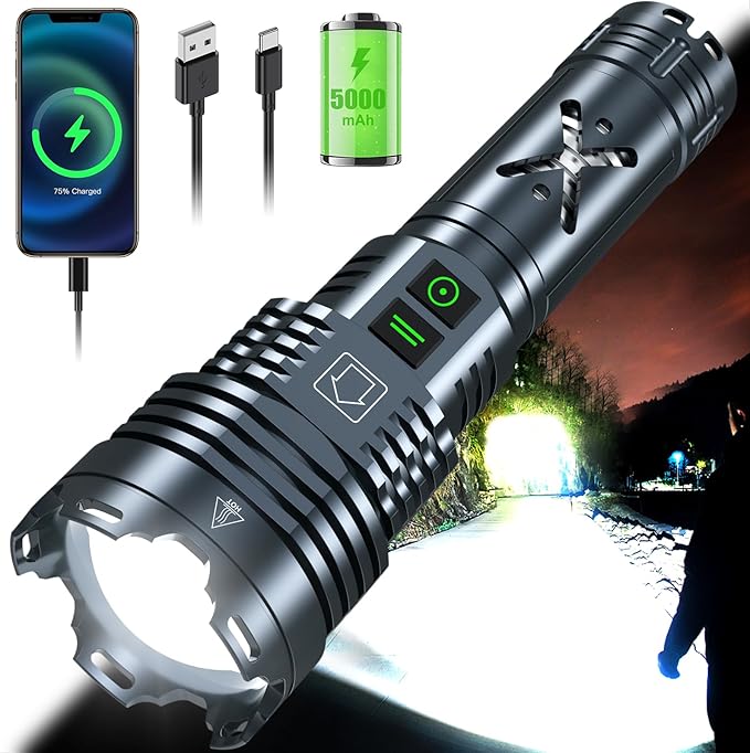 Super Bright 5500.000 High Lumens Flashlights Rechargeable, Powerful LED Flashlight 6 Mode, Zoomable Tactical Flashlights 5000mAh Long Life Battery, Anti-drop Wear-resistant for Home Emergency Camping