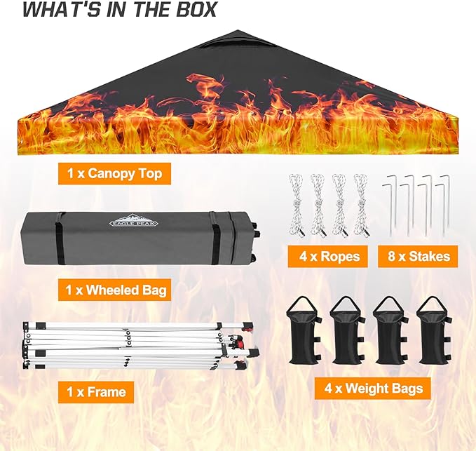 EAGLE PEAK Pop Up Canopy Tent with Wheeled Carry Bag, 8 Stakes, 4 Ropes, 4 Weight Bags, Easy Set Up Tent Canopy, 10x10 ft, 100sqft of Shade, Flame
