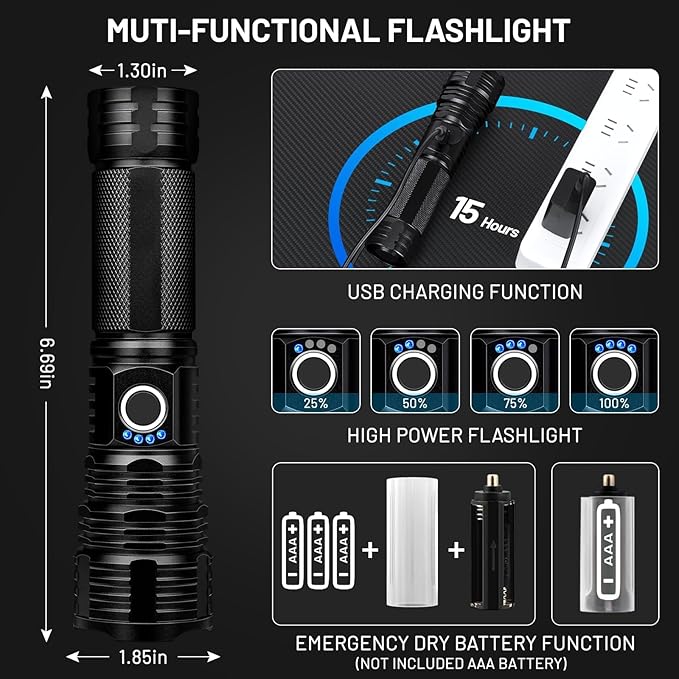 LED Flashlights High Lumens Rechargeable, 90,000 Lumens Brightest Handheld Flashlight, 5 Modes Powerful Multifunctional Flash Light Waterproof Flashlight for Home Camping