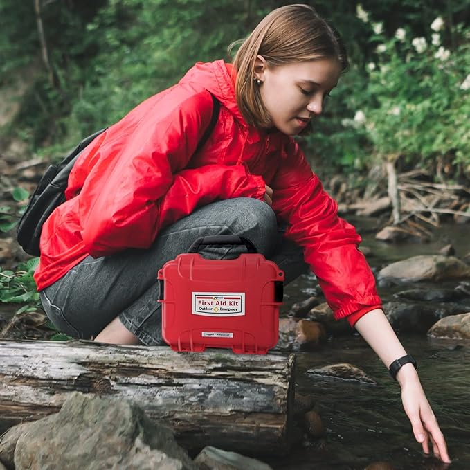 MFASCO First Aid Kit Waterproof Rugged Resin Case for Outdoor Sporting Activities Home Organized Treatment Packs 111 Pieces - Durable Lightweight - Assembled in USA - 10.2L x 7.9W x 4.5H