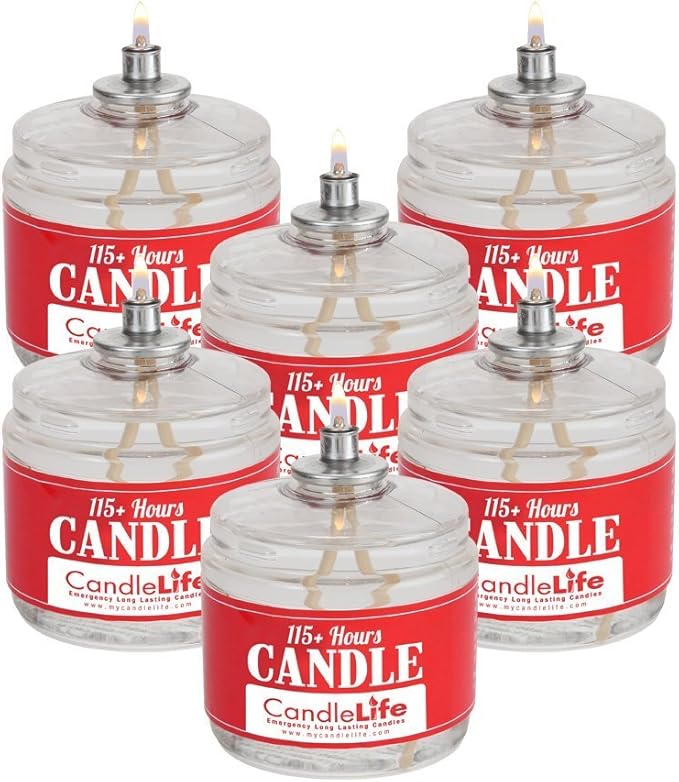 Candlelife 115-Hour Emergency Survival Candles - Long Burning, Unscented, Clean Burning Liquid Paraffin (Set of 6) for Blackouts, Camping, Fishing & Survival.