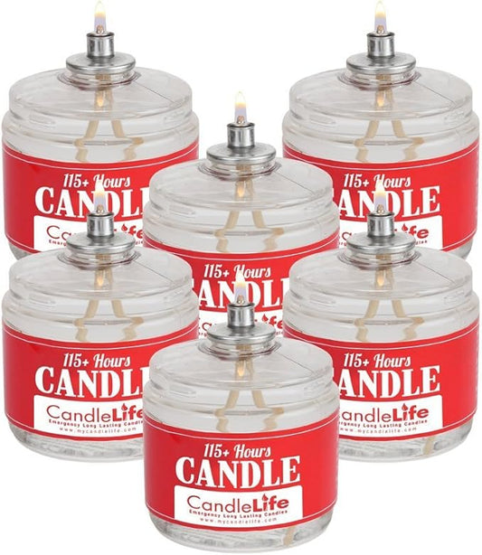 Candlelife 115-Hour Emergency Survival Candles - Long Burning, Unscented, Clean Burning Liquid Paraffin (Set of 6) for Blackouts, Camping, Fishing & Survival.