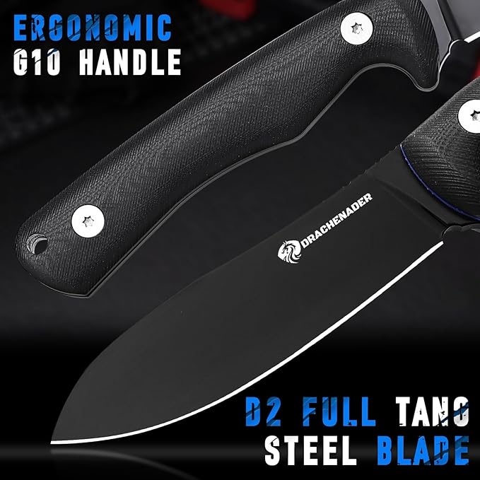 SHADOW 8.11" Fixed Blade Hunting Knife, D2 Steel Blade Survival Knife with Kydex Sheath Horizontal Carry for Men, Outdoor, Skinning and Camping (Black)