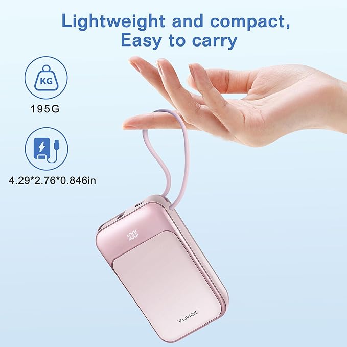 Magnetic Power Bank 10000mAh, Wireless Portable Charger with 15W Max Fast Charging & Built-in USB-C Cable, 22.5W PD LED Display Battery Pack Compatible with iPhone 16/15, Samsung Galaxy(Pink)