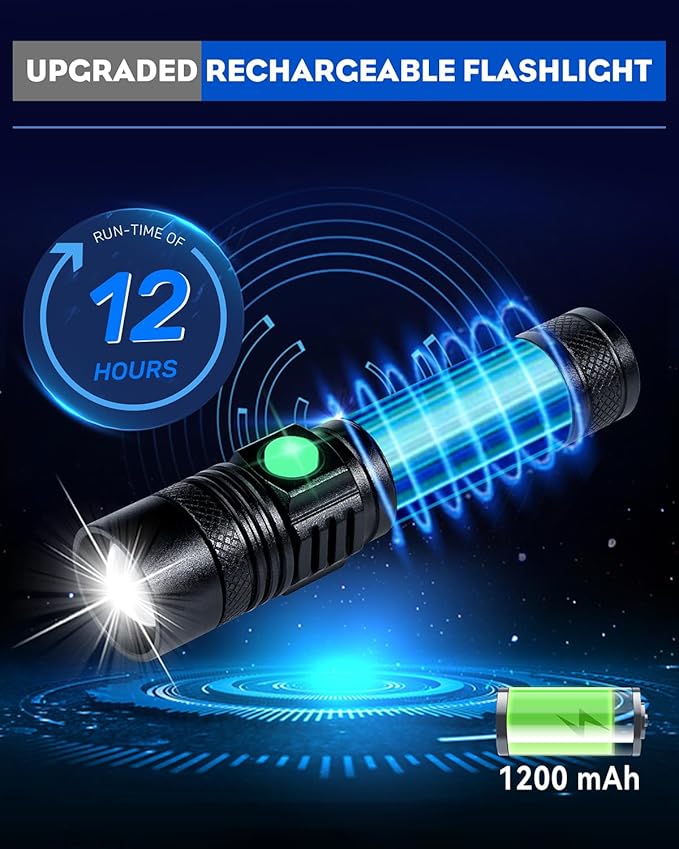 LED Flashlights USB Rechargeable Zoomable 1000-Lumen Super Bright Mini Flashlight Waterproof 3 Modes Small Pocket-Sized EDC Flash Light with Belt Clip for Camping Biking and Emergency Use