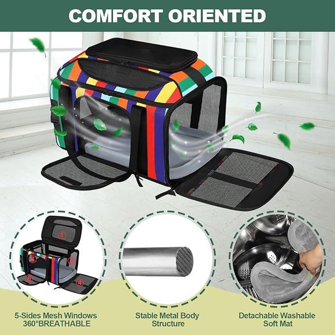 17x11x9.5 Inches Top-Expandable Pet Carrier Alaska Airline Approved, Soft Sided Carrier for Small Dog, Cat with 5-Sides Mesh Windows and Locking Safety Zippers(Rainbow)