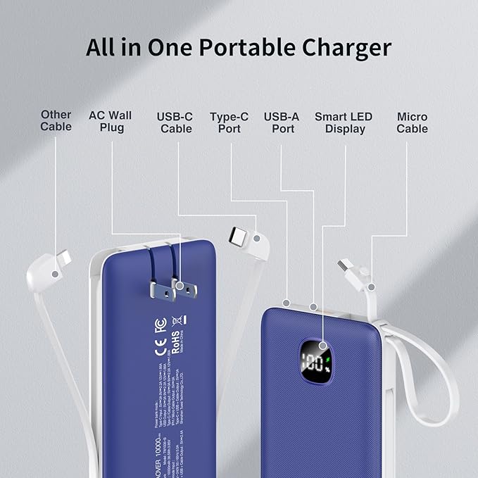Portable Charger with Built-in Cables&AC Wall Plug,Slim 10000mAh 22.5W Fast Charging Power Bank,5 Output 2 Input USB-C External Battery Pack Compatible with iPhones,Samsung,Android, etc