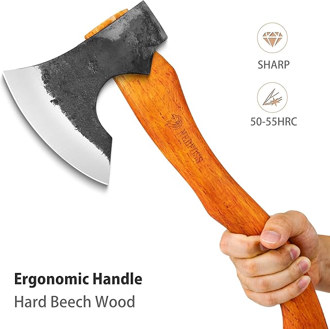 NEDFOSS Mammoth Camping Hatchet Axe, 15.5" Camping Axe with 1065 High Carbon Steel & Wooden Handle, Multi-Purpose Hatchet Axe for Camping, Bushcraft and Survival, Gift for Men